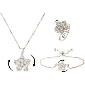 Women Flower Fidget Silver White Set3 Necklace Rotatable Crystal Blossom Pendant